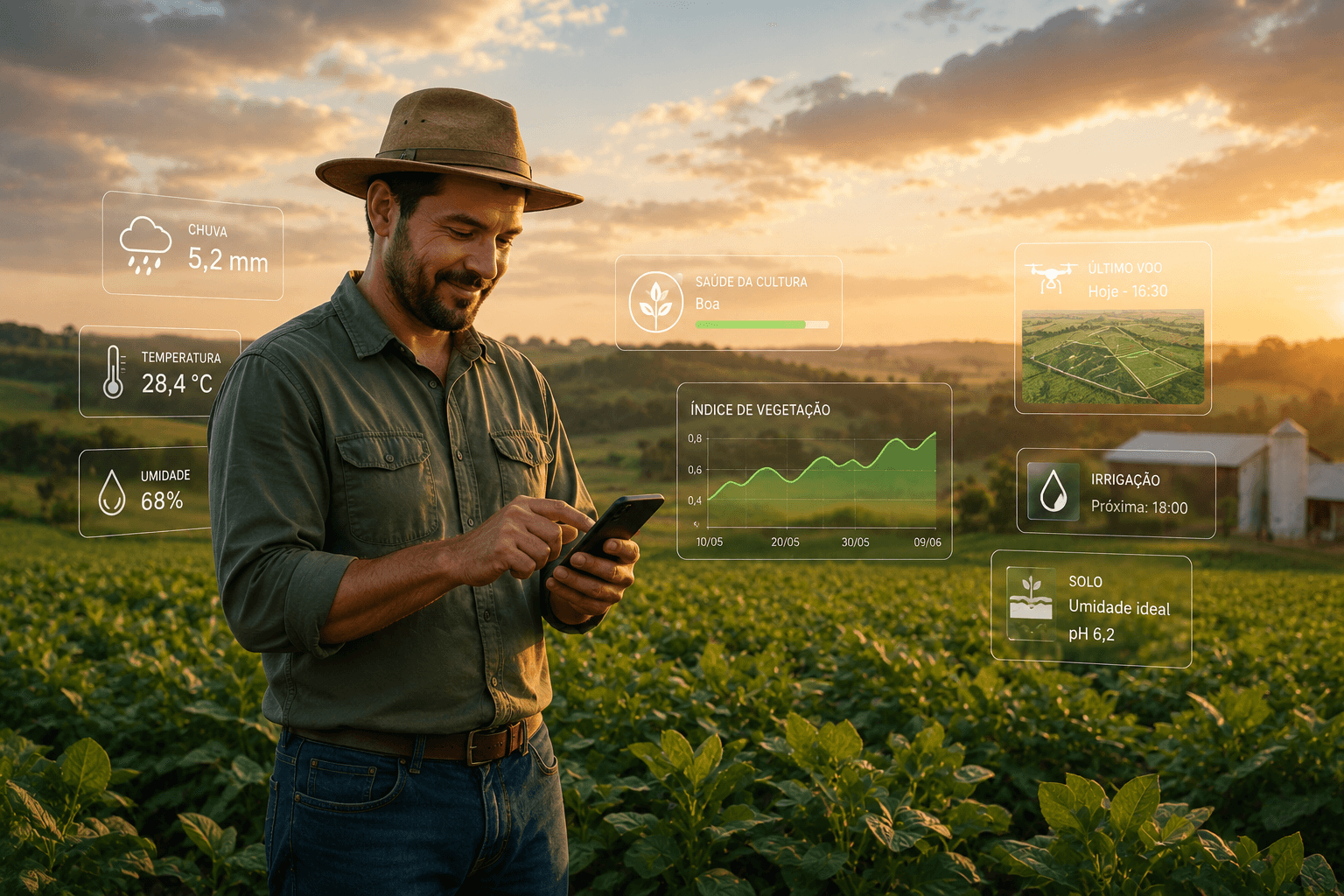 Produtor rural usando um smartphone em meio a uma plantação, cercado por ícones