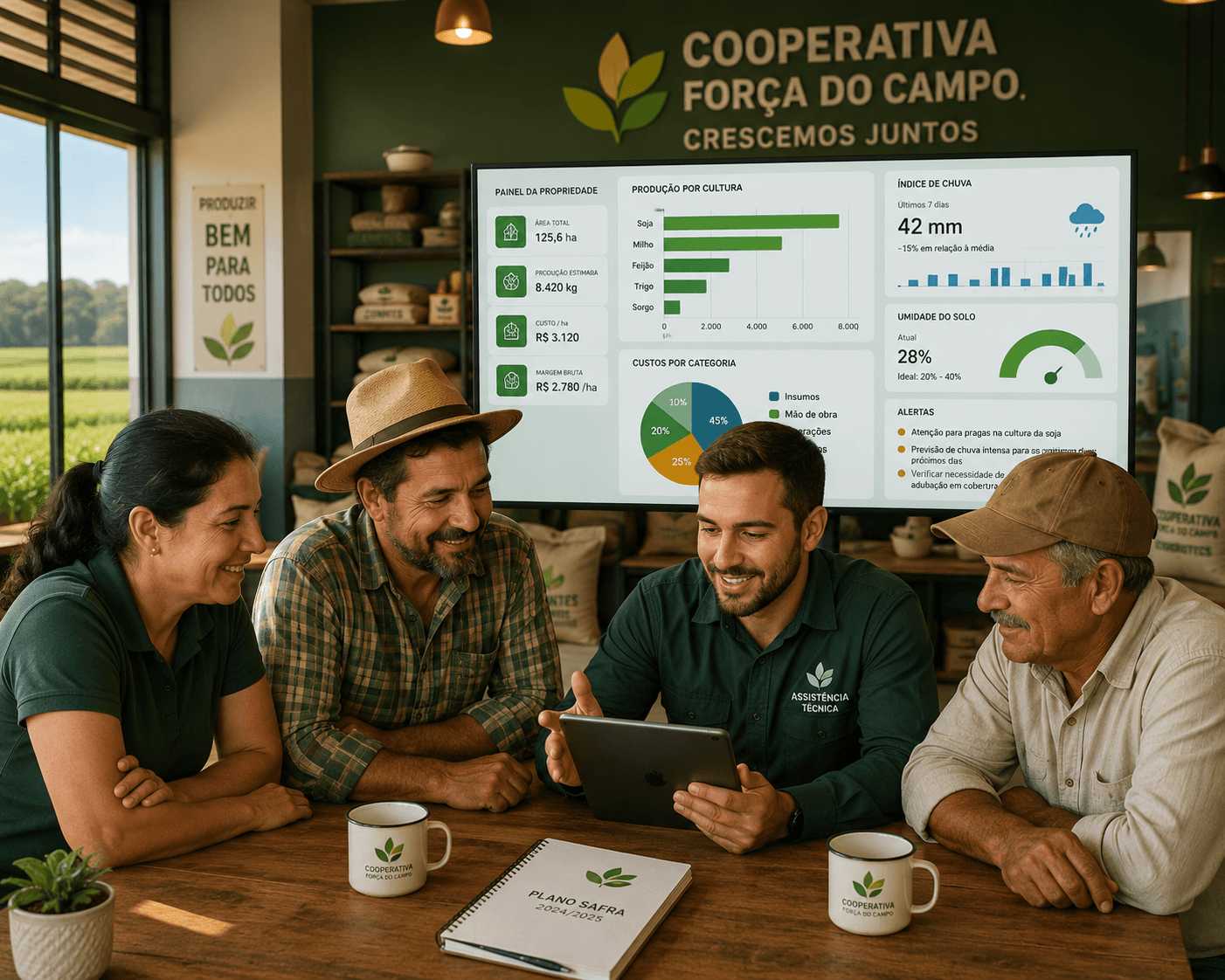 Agricultores e um técnico analisando um tablet dentro de uma cooperativa, com gr